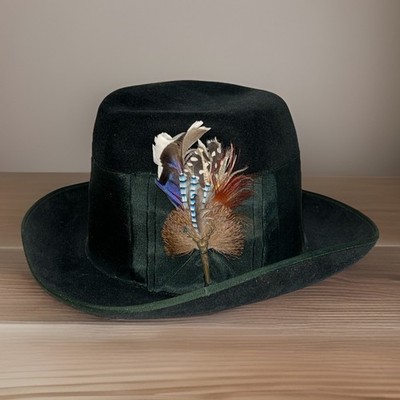Vintage Tonak Black Hat ~ With Feathers ~ Size 7 ~ Czech Republic ~ Furfelt