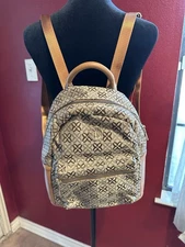 Tignanello Mini Backpack Purse Brown Geometric Canvas Faux Leather Trim 11”