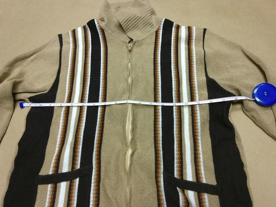 Vintage 70s Knit Zip Sweater Jacket Tan Brown Striped Mod Retro Full Zip Men S - Image 2 of 4
