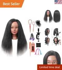 Black 16" Training Doll Head with 100% Real Hair & Clamp Holder for Hairdressers