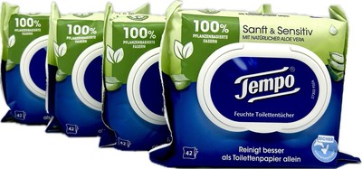 4x Tempo feuchte Toilettentücher Sanft & Sensitiv mit Aloe Vera, herunterspülbar