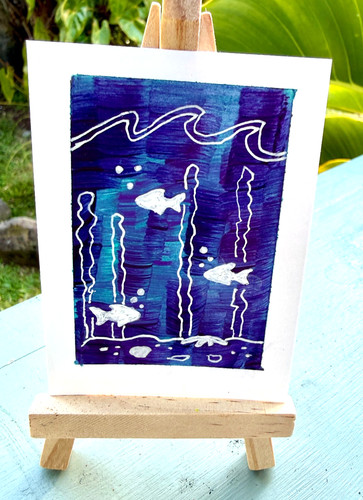 ACEO/ATC Original Acrylic Ocean Fish Mini-Art Hand Painted Signed 3.5x2.5