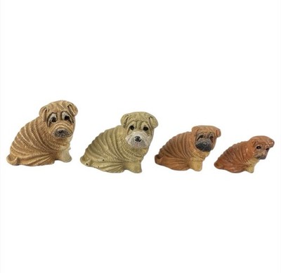 Vintage Graduated Shar Pei Dog Figurine Set 4 Hand-Painted Miniatures