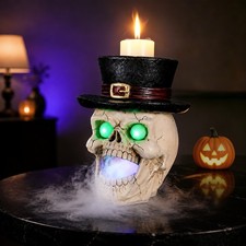 Led Light-up Skull With Top Hat & Mist Maker, Halloween Fogger Spooky Decor Us