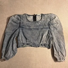 Denim Puff Sleeve Square Neck Top Cropped Size L