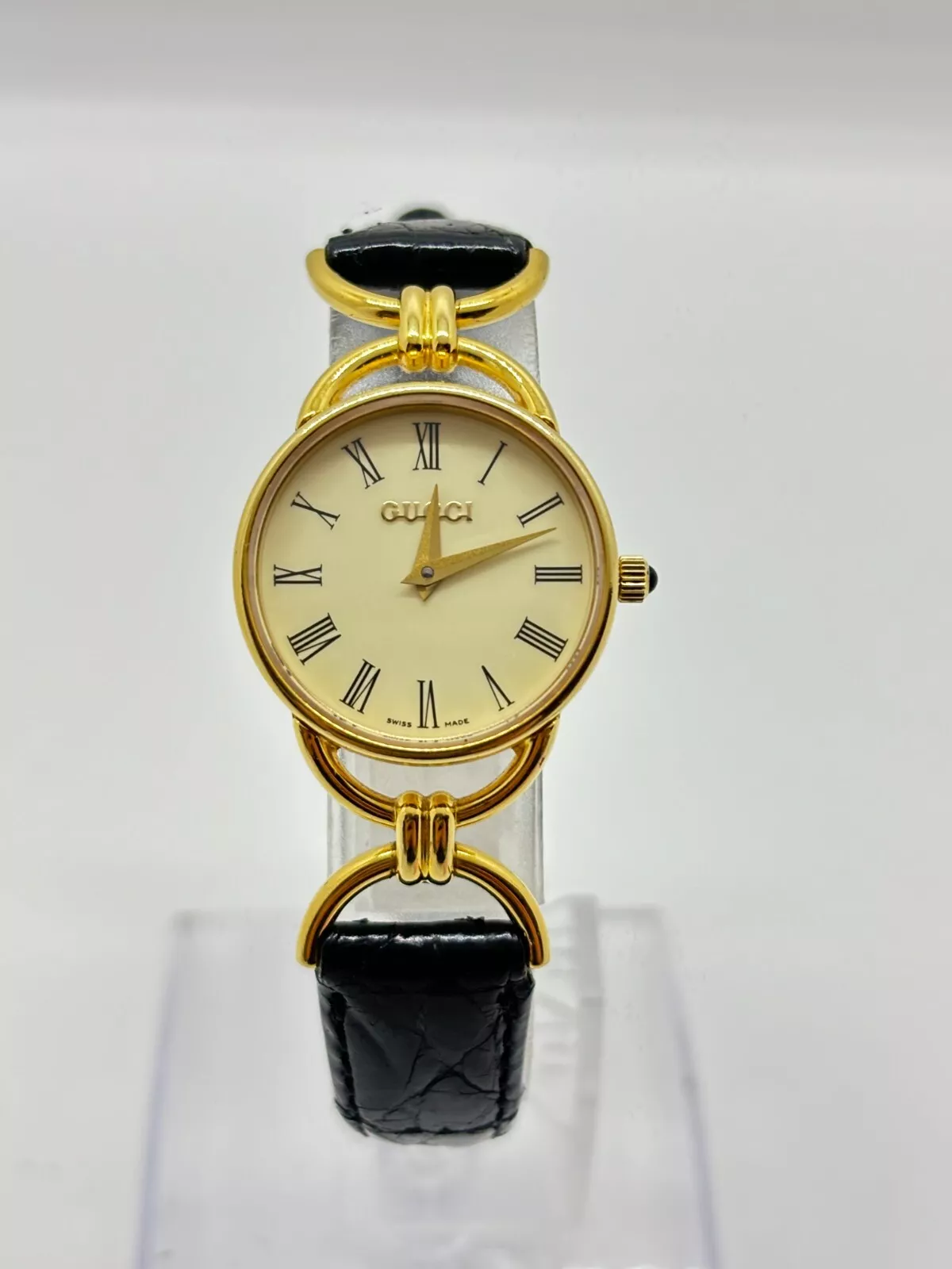 Montre Femme Gucci 6000.2.L Cadran Or Bracelet Noir Quartz Occasion Fonctionne F/S