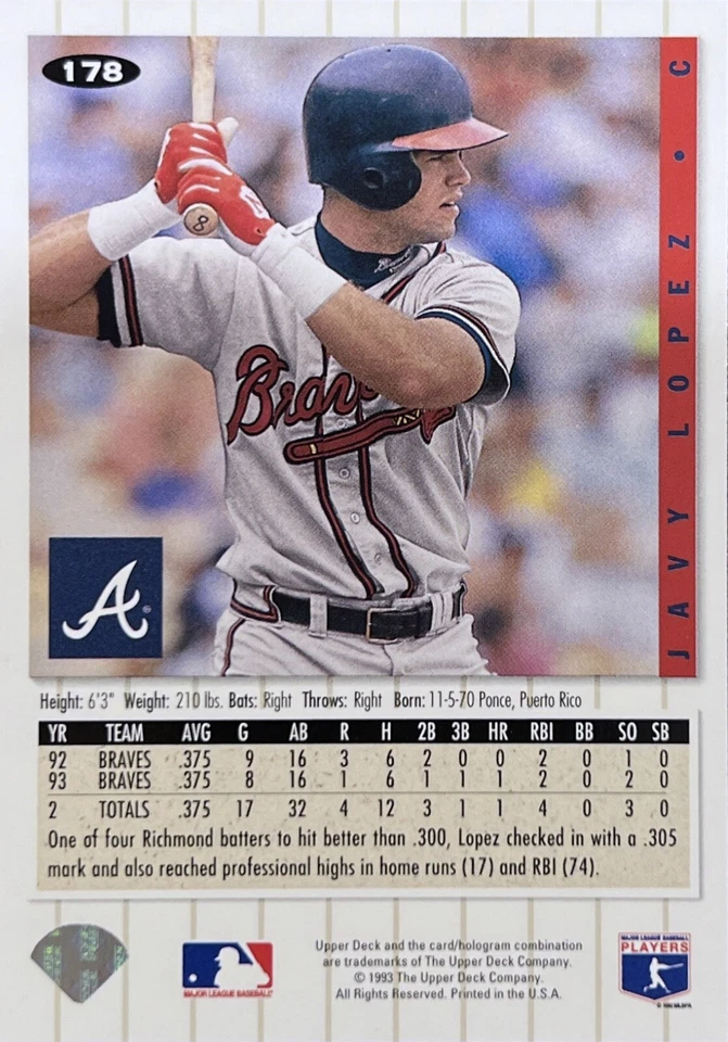 1994 Upper Deck Collectors Choice Javy Lopez Atlanta Braves #178 NMMT - Image 2 of 2