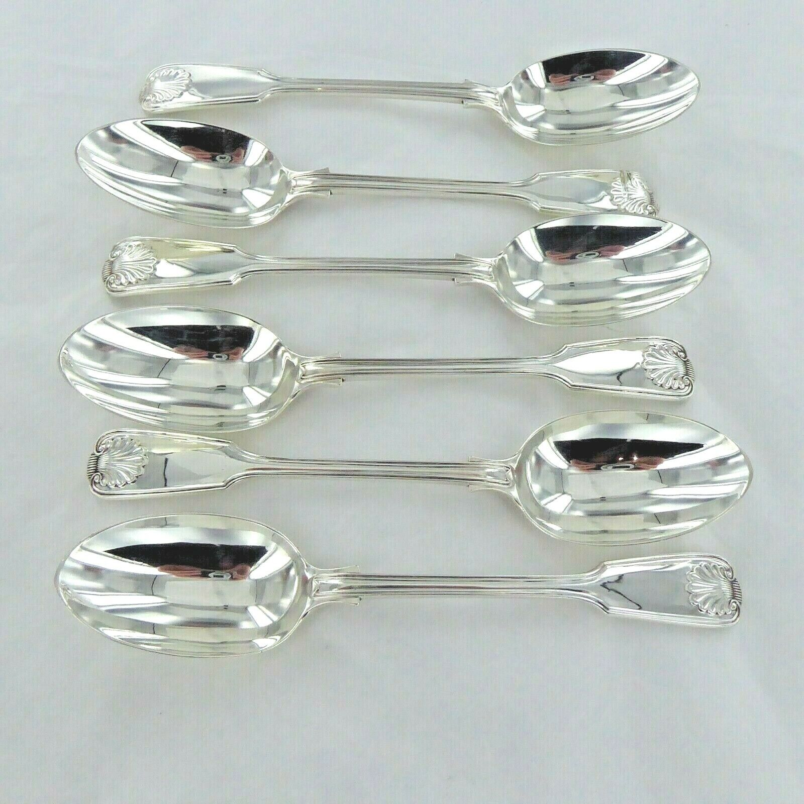 GOOD STERLING SILVER SET OF 6 FIDDLE THREAD AND SHELL DESSERT SPOON LONDON 1904