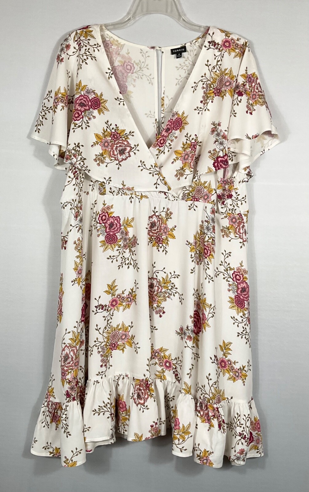 Torrid Dress Womens Size 4 Ivory Floral Faux Wrap Ruffled Short Flutter Sleeves