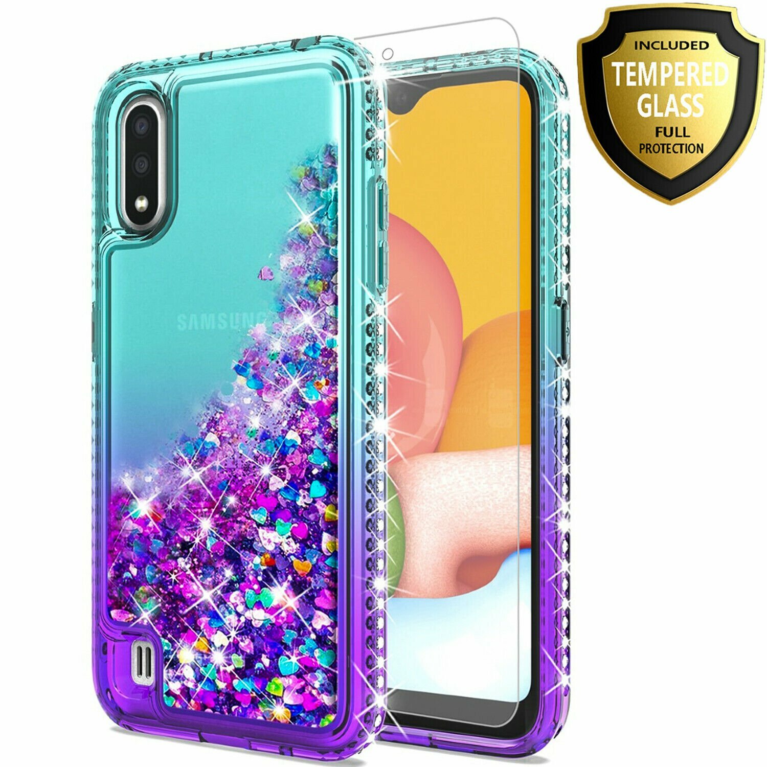 For Samsung Galaxy A01 Case, Glitter Bling Phone Cover+ Tempered Glass