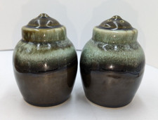 Vintage Westchester Stoneware Salt & Pepper Shakers Green Drip Glaze Oven Proof