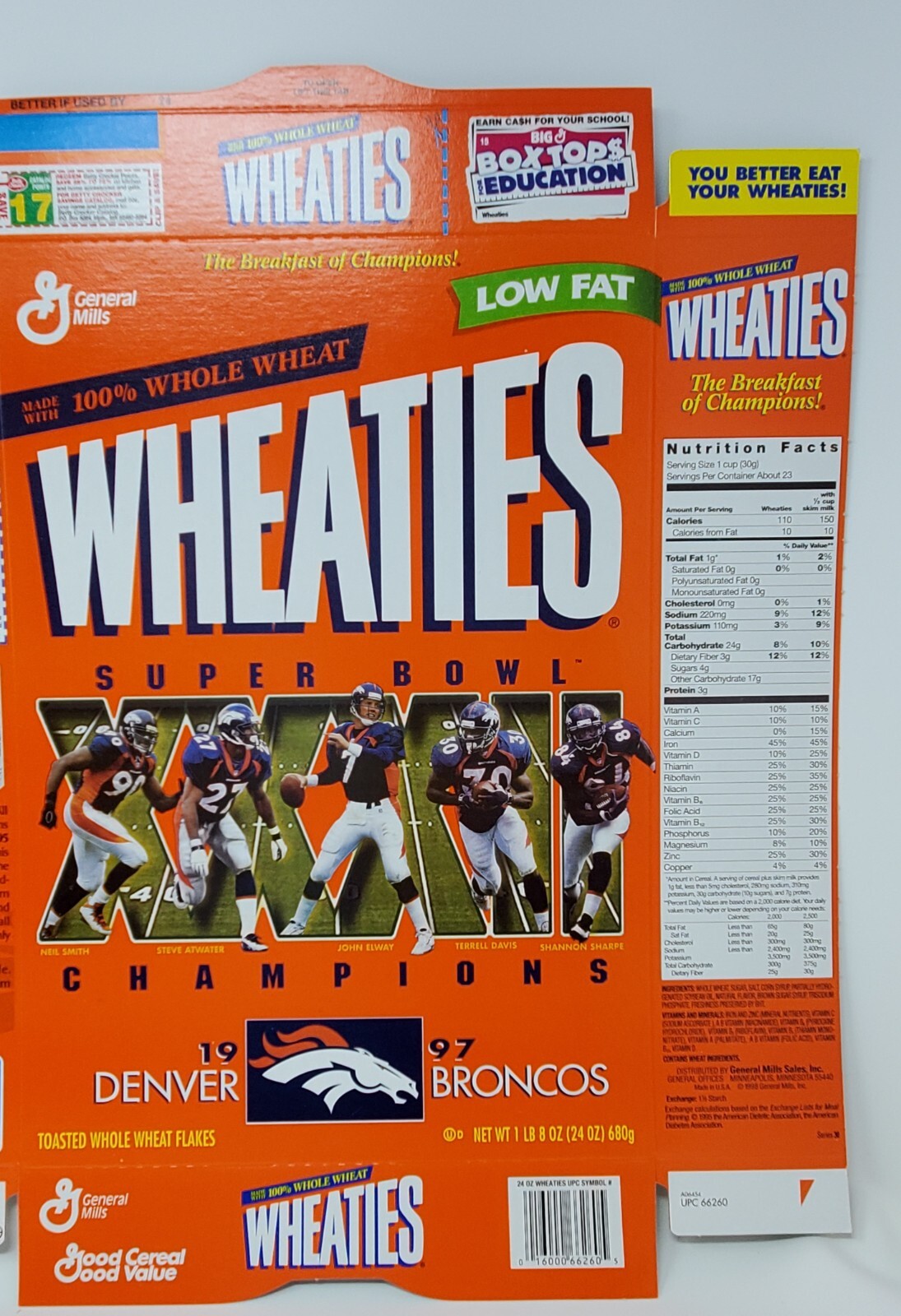 Superbowl XXXII Champs Denver Broncos Wheaties Cereal Box F/S BUF