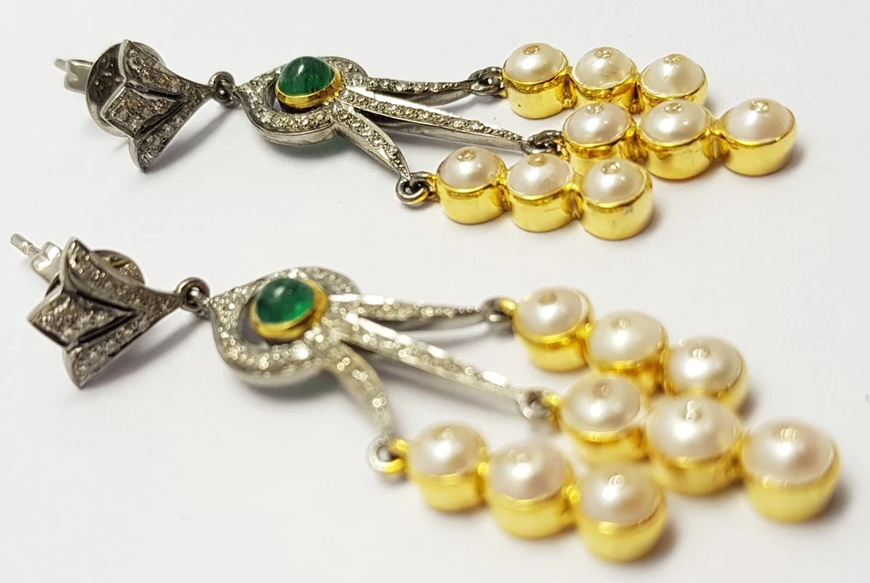 Smaragd Perle Edelstein 925 Sterlingsilber Pave Diamant May Geburtsstein Ohrring - Bild 2 von 4