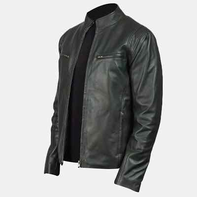 Herren Echt Lammleder Leder Schwarz Biker Motorrad Jacke Cafe Racer Jacke