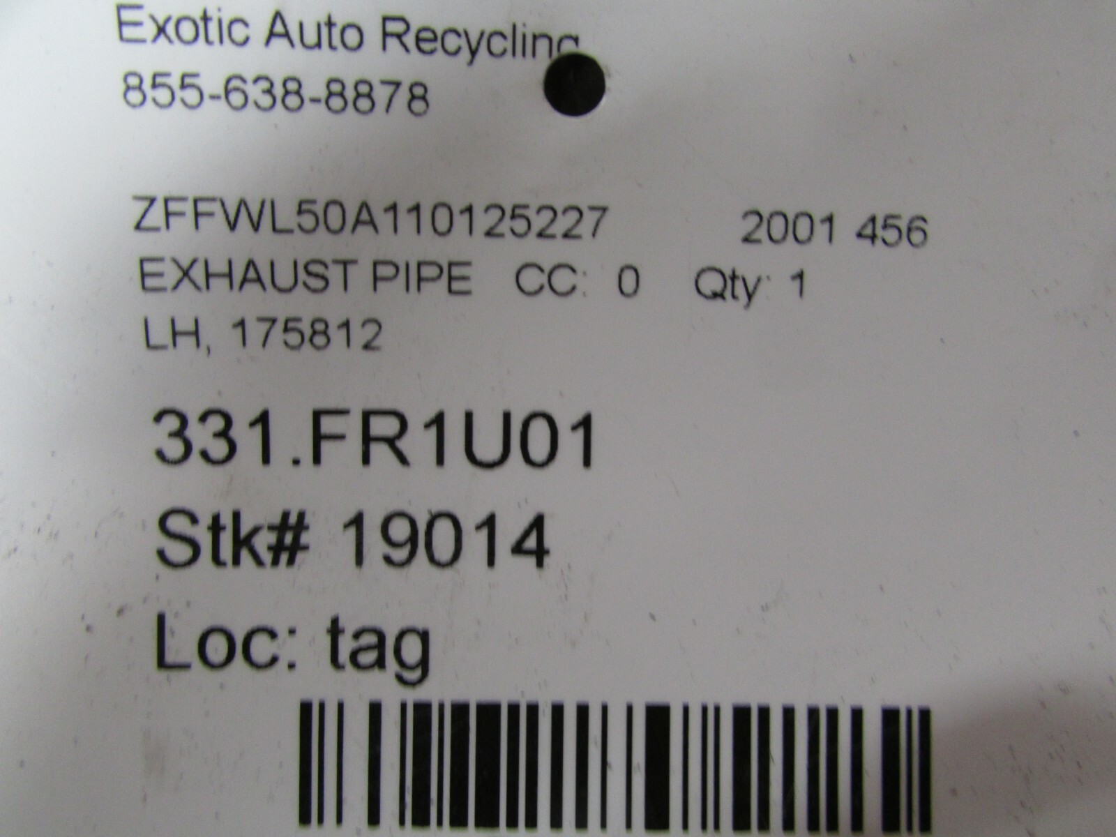 Ferrari 456, LH, Left Exhaust Extension Pipe, Used, P/N 175812