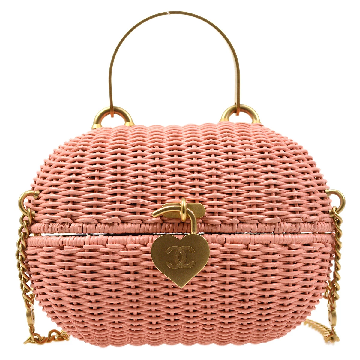 CHANEL Heart Charm Lock Basket 2way Hand Shoulder Bag Pink Rattan 72913