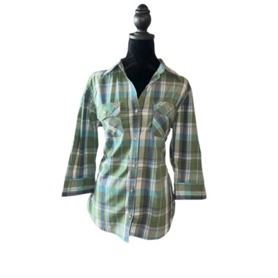 Women's Carhartt Plaid Button-Up Shirt Size M pearl 3/4 sleeves western farm