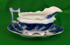 ANTIQUE FLOW BLUE GRINDLEY STAFFORDSHIRE ARGYLE PATTERN GRAVY BOAT AND DISH