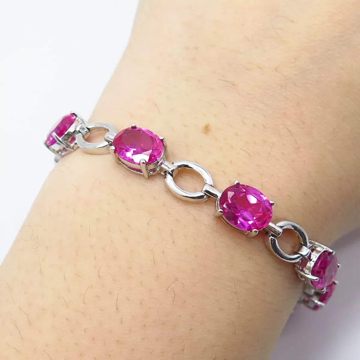 925 Sterling Silver Lab Created Pink Sapphire Tennis Link Bracelet