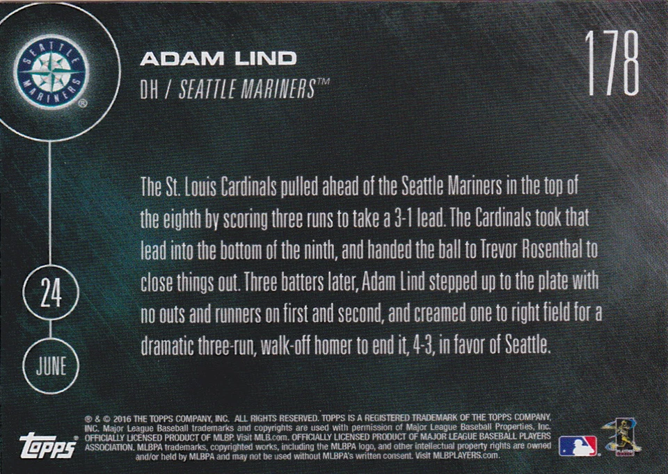 2016 Topps NOW 178 Adam Lind Miami Marlins Walk-Off HR ONLY 230 Printed RARE SP - Изображение 2 из 2