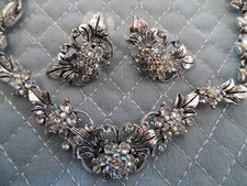 Silver Leaf and Rhinestone Flower Necklace and Earring Set