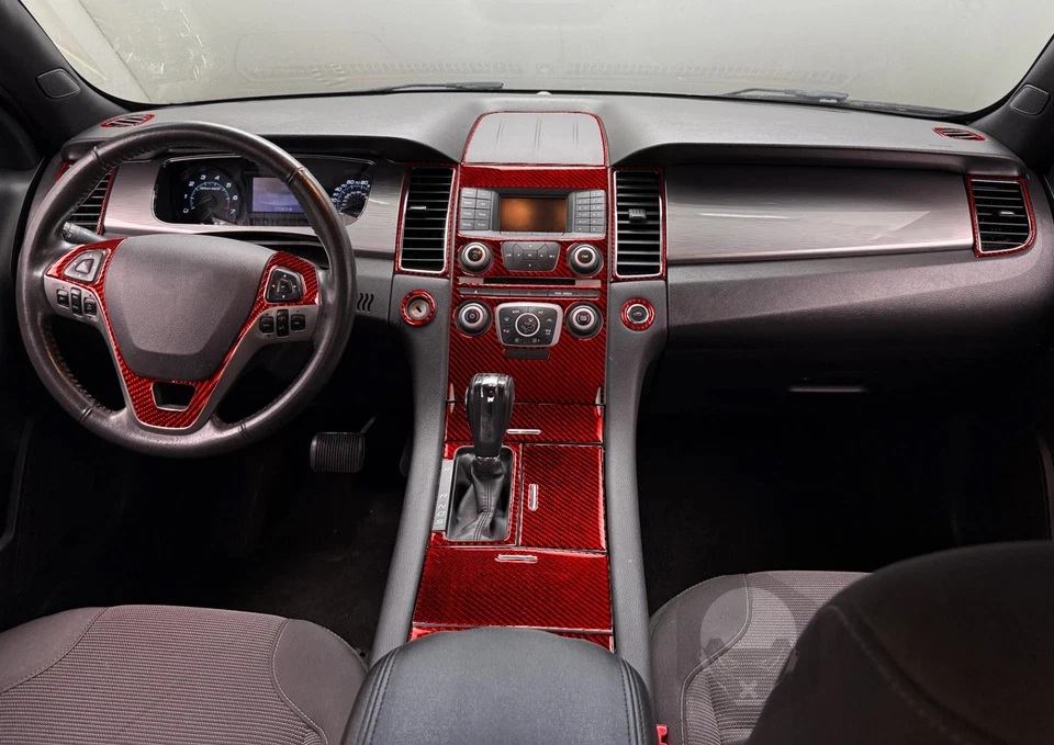 Juego completo de molduras de tablero interiores de fibra de carbono roja de 19 piezas para Ford Taurus 2013-19 Foto 3 de 4