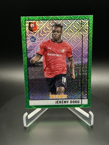 2020-21 Topps Merlin Jeremy Doku RC Green Mojo Refractor /99 #64 Rookie RC