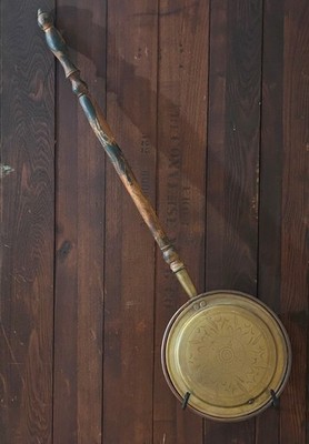 18th Early 19th C. Brass & Copper Bed Warmer, Turned Wood Handle, Original