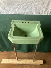 Vtg Mid Century Jade Green Porcelain Bath Wall Sink Chrome Brass legs 363-25E