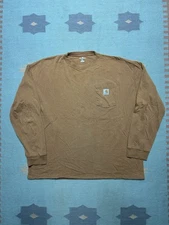 Carhartt long sleeve pocket t shirt brown tan distressed repaired boxy XL
