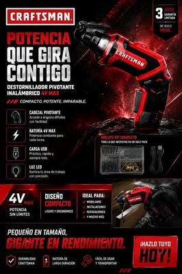 NEW Craftsman CMHT6640BI 4V Powered Cordless Pivot Screwdriver & Hanging Kit.
