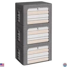 3-Pack Foldable Storage Bins, Stackable Linen Fabric Organizers with Clear