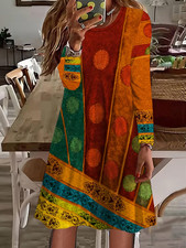 NEW PLUS SIZE 18 ORANGE RUST GEOMETRIC ETHNIC A LINE DRESS STRETCH LONG SLEEVE