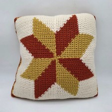 MCM Crochet Throw Pillow Starburst Design In Cream Rust And Mustard 18x18" Squar