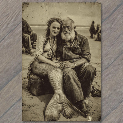 POSTCARD Mermaid Fisherman Beach Portrait Surreal Myth Folklore Ocean Romance