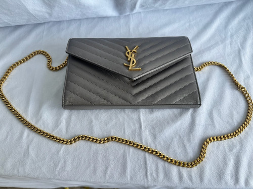 Auth Saint Laurent Envelope Chain Wallet Grey Grain de Poudre YSL WOC Bag GHW