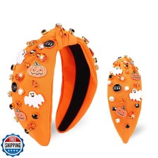 YARIEW Halloween Knotted Headbands for Women Boo Pumpkin Rhinestone Ghost Hea