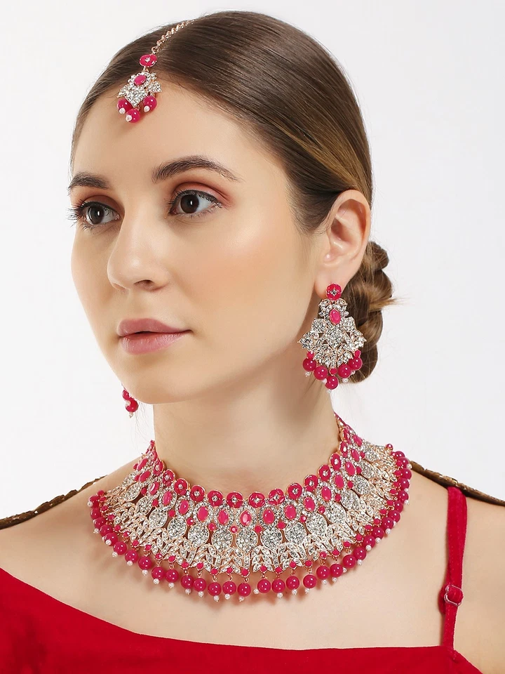 印度传统婚礼镀银珠宝水钻珍珠项链套装 — 第 4/4 张图片