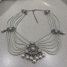 Multi Layered Strand Faux Pearl Beaded Statement Necklace Choker Crystal Brooch