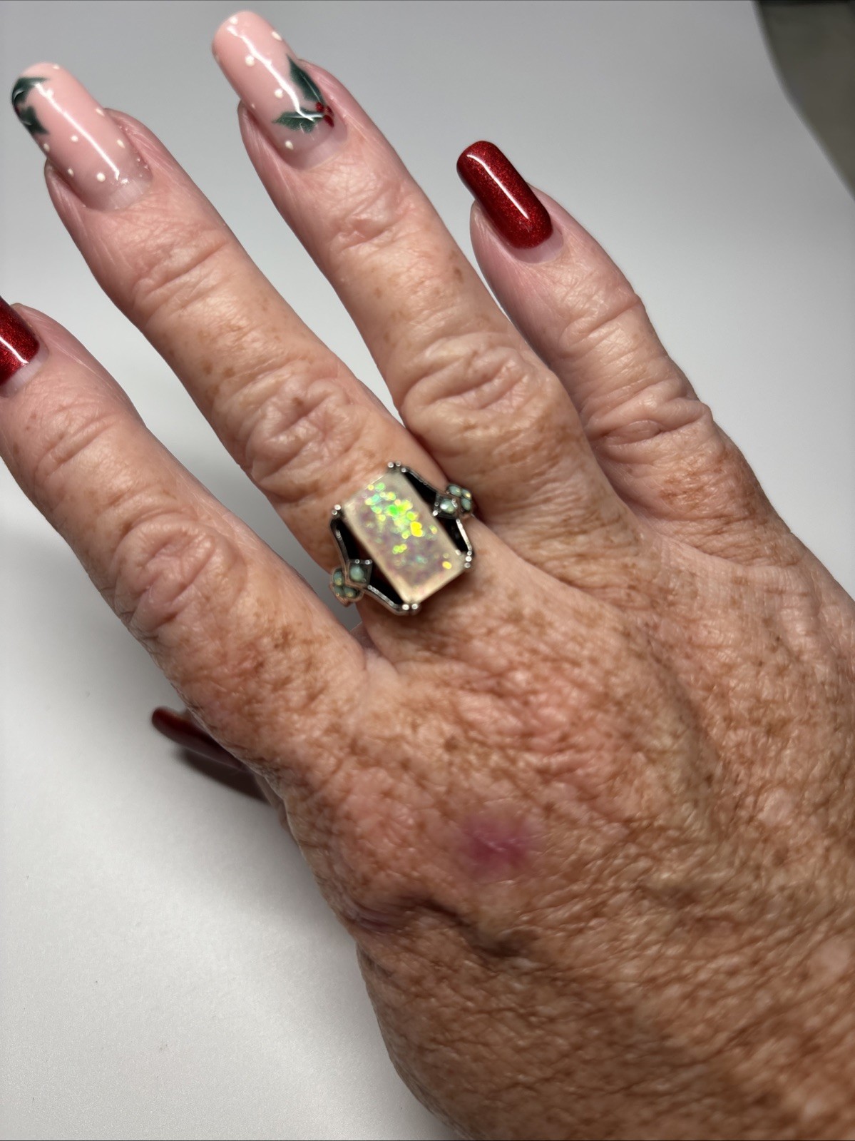 Sterling Silver Opal Look Ring Rectangular Fire O… - image 3