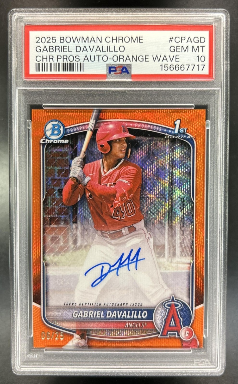 2025 Bowman Chrome Gabriel Davalillo Auto Orange Wave Refractor 1st #/25 PSA 10 view 1