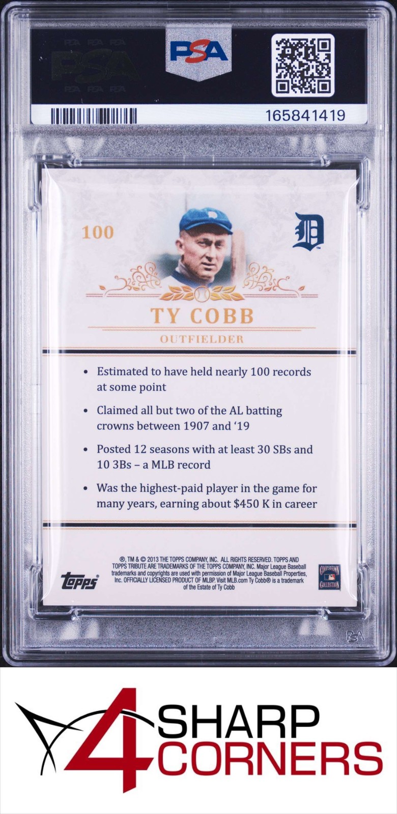 2013 TOPPS TRIBUTE #100 TY COBB TIGERS HOF POP 1 PSA 10 view 2