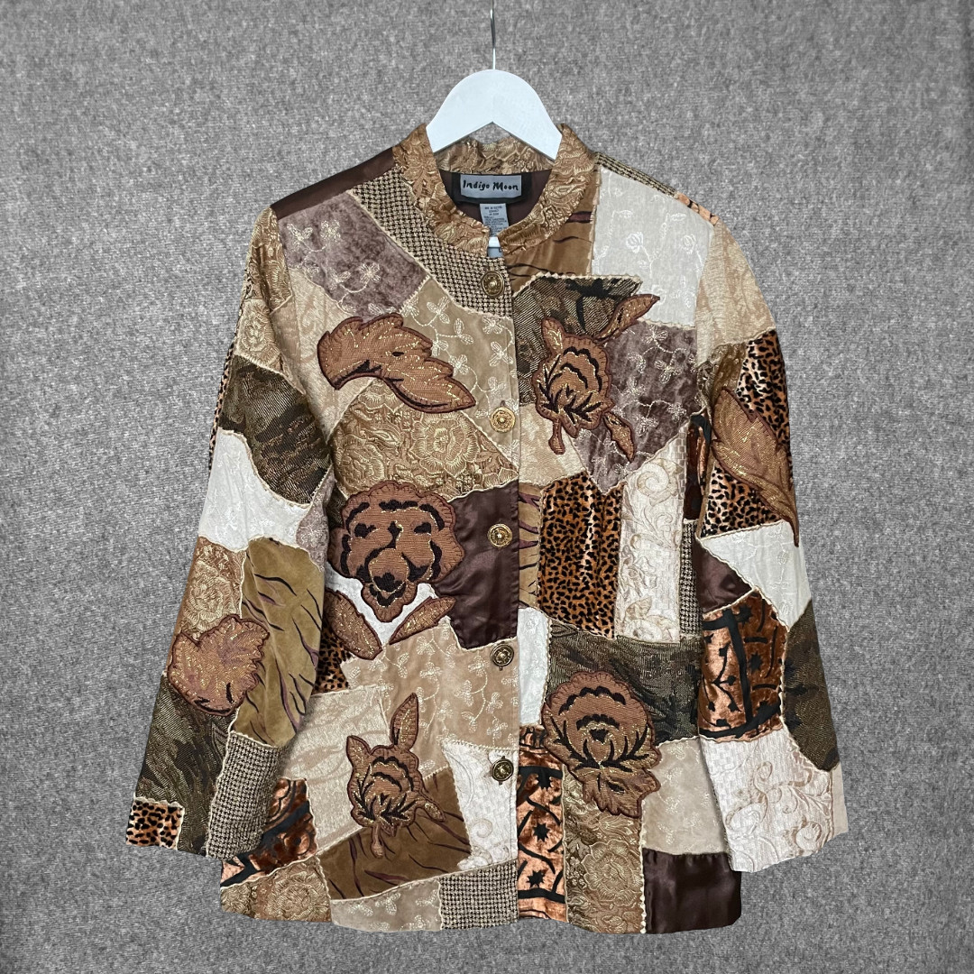 Indigo Moon Patchwork Tapestry Jacket Size L Boho… - image 1