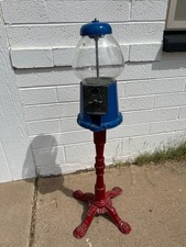 Vintage Carousel King Gumball Machine with Cast Iron Pedestal Stand, Blue and Re
