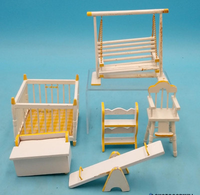 Vintage Wooden Doll House Furniture Chair Swing, Teeter Totter, Crib, Highchair