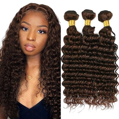 Deep Wave Human Hair Bundles #4 Chocolate Brown 18 20 22 Inch Weave Extensions