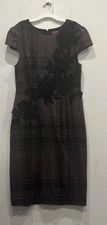 Betsy Johnson plaid midi sheath dress with 3-D lace appliqué size 14 red black