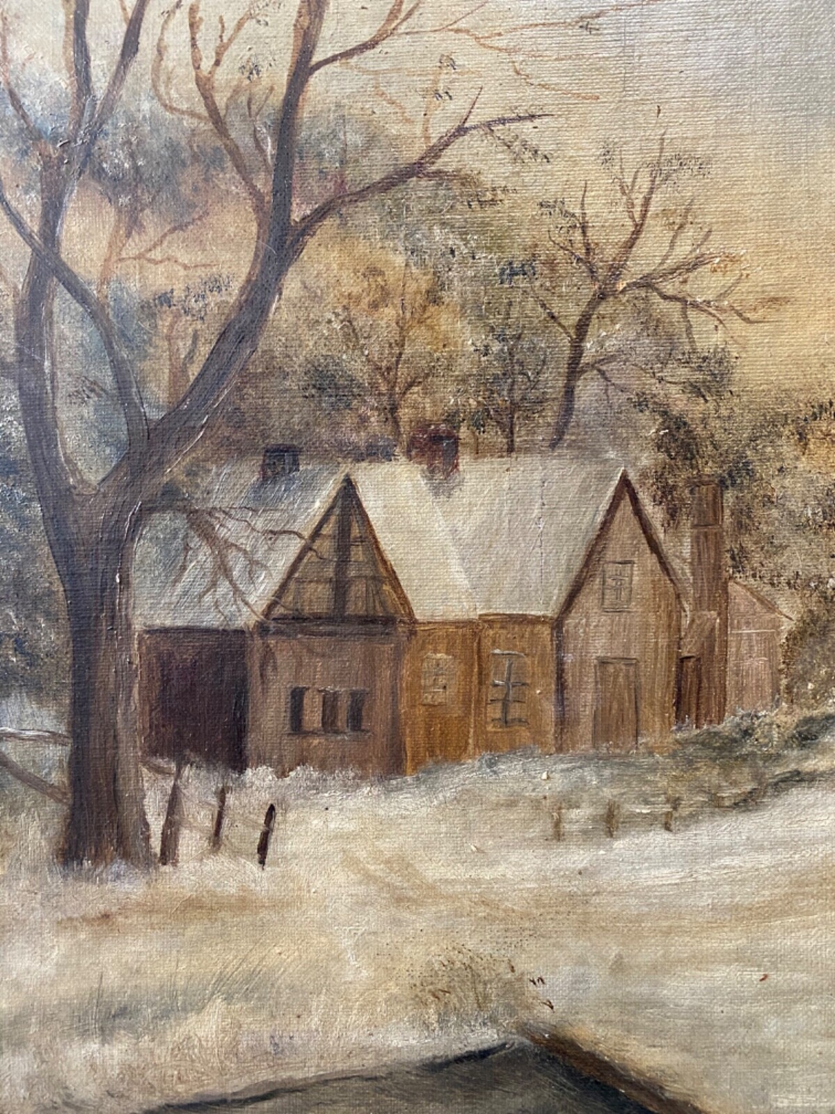 🔥 Antique Old 19th c. Primitive American Folk Art Winter Landscape Oil ...