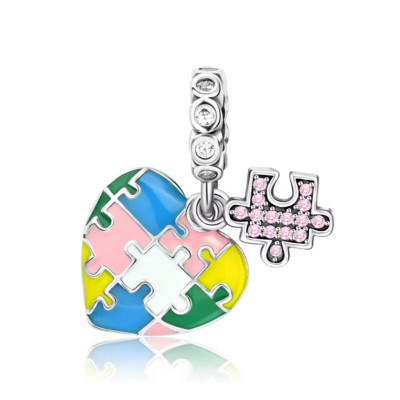 Jigsaw Puzzle Autism Awareness Heart Dangle Charm Bead 925 Sterling ...