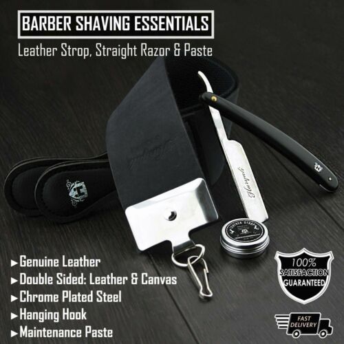 Straight Razor Shaving Kit Set Leather knife Sharpening Strop & Paste 3pcs Black - Afbeelding 1 van 5
